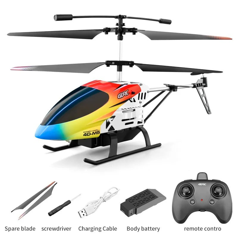 Colorful RC helicopter with accessories on a white background