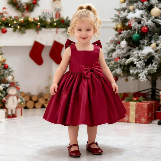 Young girl in a red dress standing in a festive room with Christmas decorations.