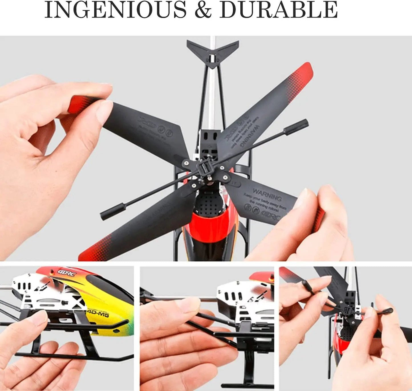 Collage of hands assembling a small drone with text 'INGENIOUS & DURABLE' on a gray background.