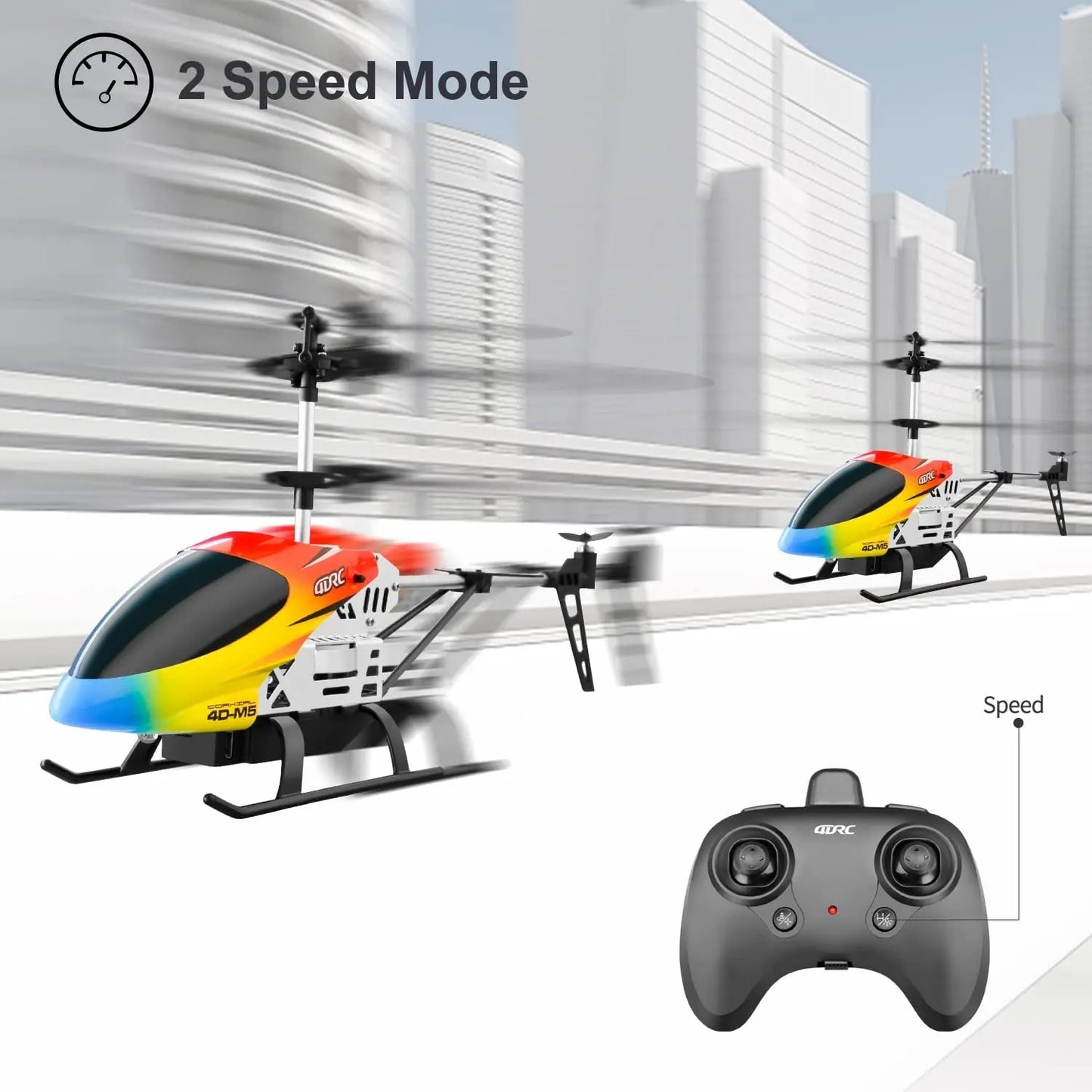 Two remote control helicopters with a controller on a cityscape background