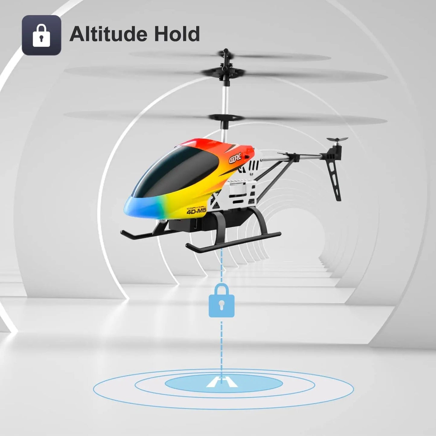 Colorful toy helicopter with 'Altitude Hold' feature on a gray background