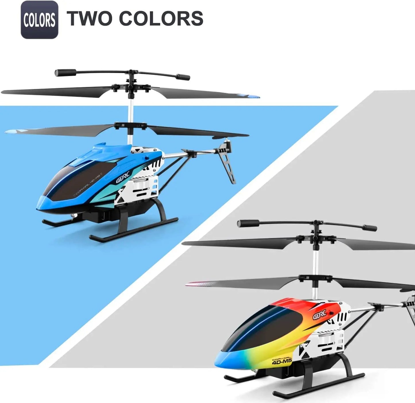Two RC helicopters, one blue and white, the other multicolored, on a split background.