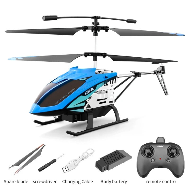 Blue RC helicopter with accessories on a white background