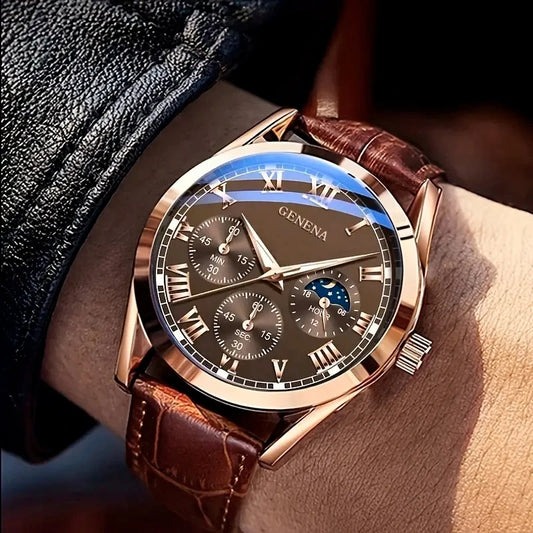 Luxury watch with brown leather strap and detailed face on wrist