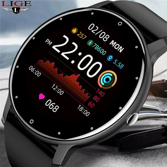 Smartwatch with a black strap displaying various metrics on a blurred background