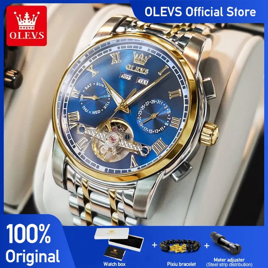 Luxury watch with blue face and gold accents, branded as OLEVS, on a white background.