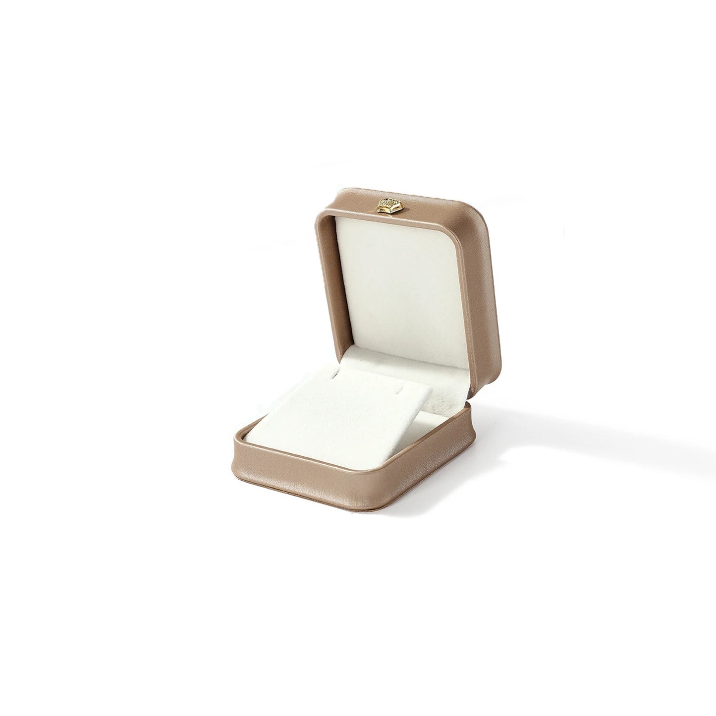 Beige jewelry box with a white interior on a white background