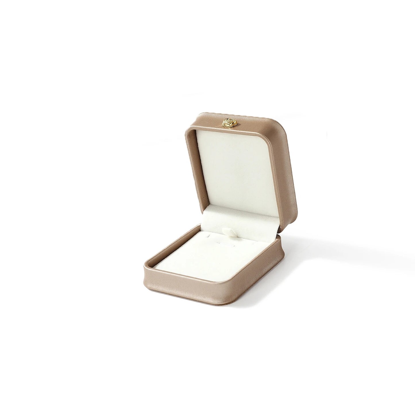 Beige jewelry box with a white interior on a white background