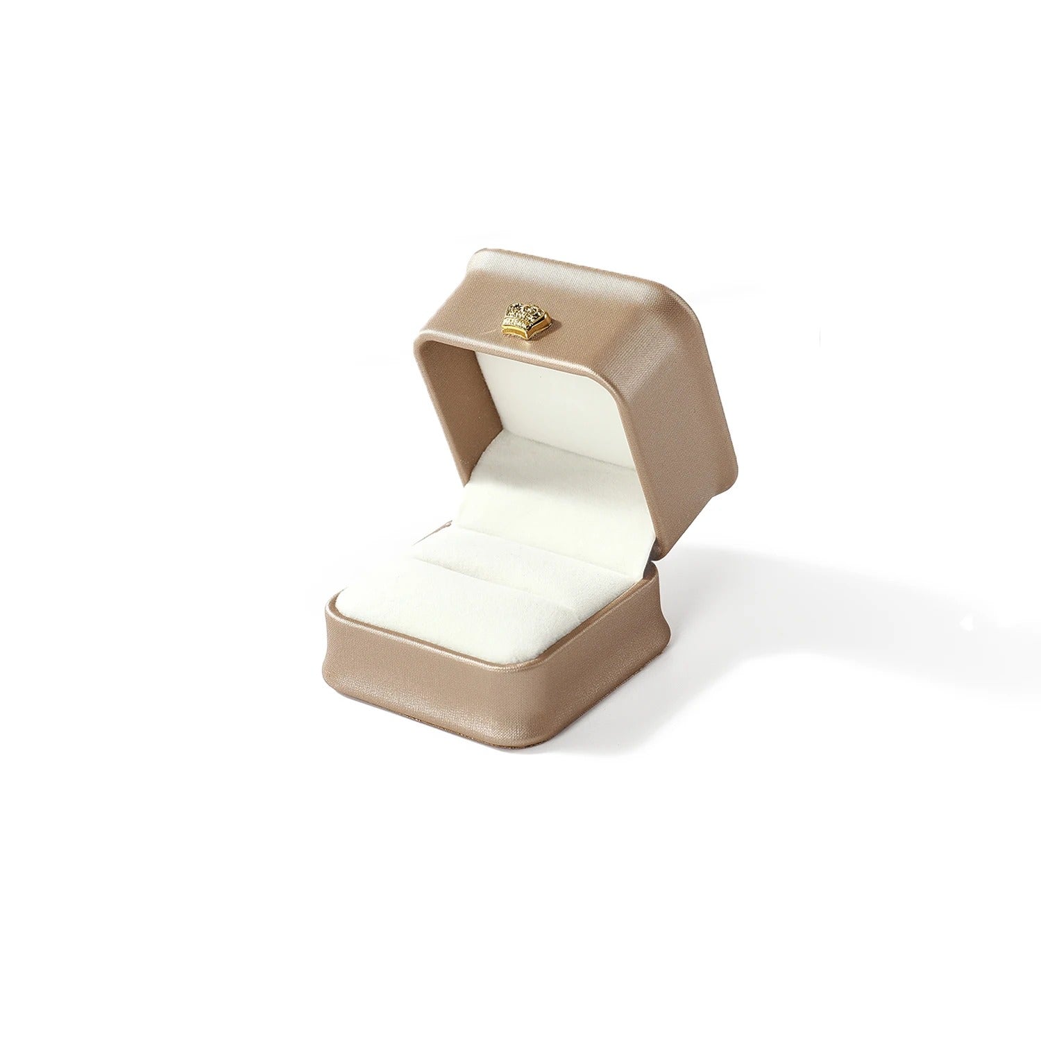 Beige jewelry box with a white interior on a white background