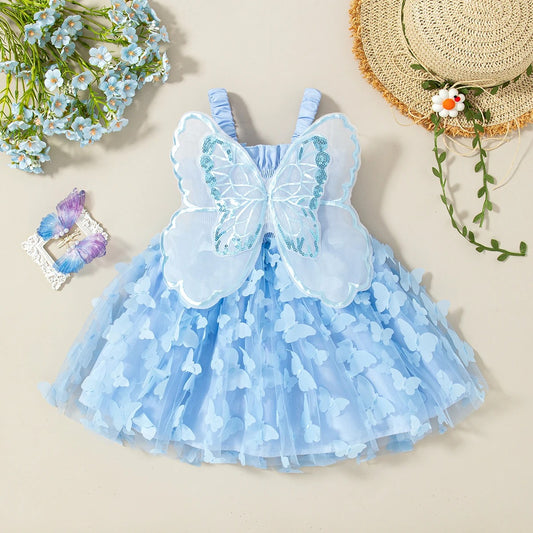 New Baby Girls Birthday Party Evening Dresses Summer Butterfly Wings Children Clothes Sweet Colorful Toddler Kids Costume